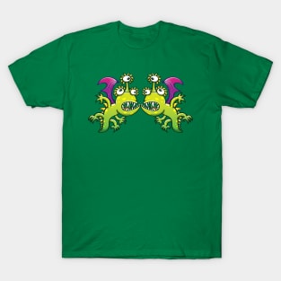 Weird three-eyed monstrous dragons in a face to face confrontation T-Shirt